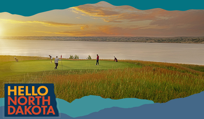 Playing golf at sunset