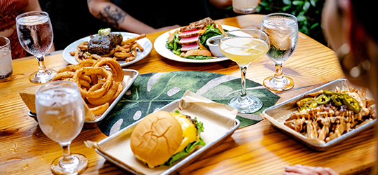 A tablescape of food in Lafayette, Louisiana.