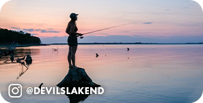 Silhouette of a person standing on a rock fishing in front of a sunset