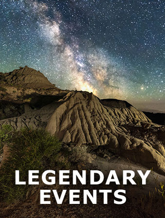 Text reading Legendary Events over an image of a starry night sky above rock formations