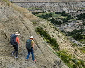 Two people hiking in a steep canyon with green vegetation
