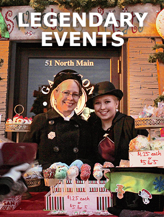 Two smiling women in a sweets shop with candy in front of them, with overlay text that reads Legendary Events