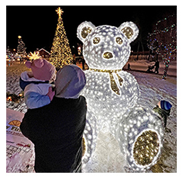 Back view of a person holding a child while looking at a bear sculpture lit up with holiday lights at night
