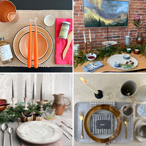 Four different table settings decorated for the holidays