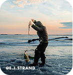 Man pulling a fish on a line out of a frozen lake, with overlay text that reads @e.j.strand