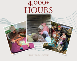 4,000 + Hours, Thank you, volunteers. Graphic also includes images of volunteers at historic sites.	