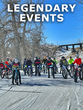 Group of people on fat-tire bikes in the snow, with overlay text that reads Legendary Events