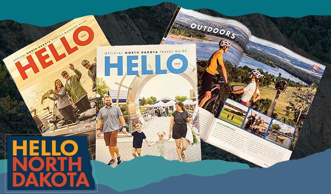 Image of three travel guides, with overlay text that reads Hello North Dakota