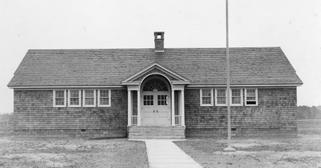 The front of the Nassau School, aka Belltown School, near Lewes, as seen in a historic black and white photograph.