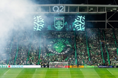An interior view of Q2 Stadium's field and fans during an Austin FC soccer game in Austin, Texas