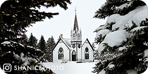 View of a white church building in the snow framed by green trees, with overlay text that reads shanicephoto