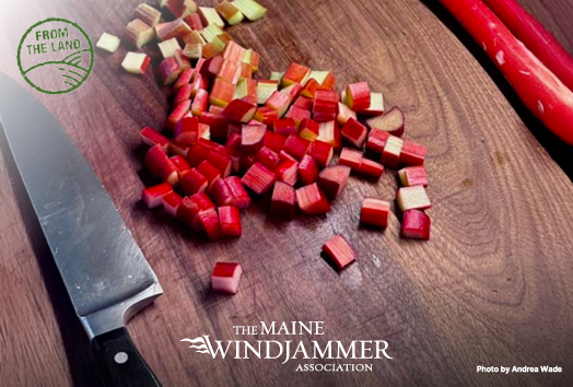 Rhubarb diced on a wooden cutting board.