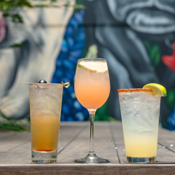 Three cocktails sit on top of a bar at the Origin Austin hotel