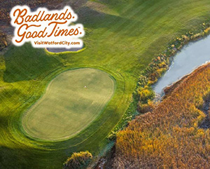 Overhead view of a golf course, with overlay text that reads: Badlands. Good times. VisitWatfordCity.com