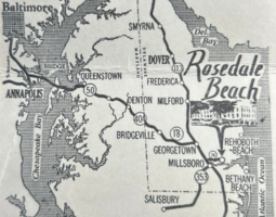 A black and white map shows southern Delaware and parts of the Delmarva region, but most prominent on the labels is 