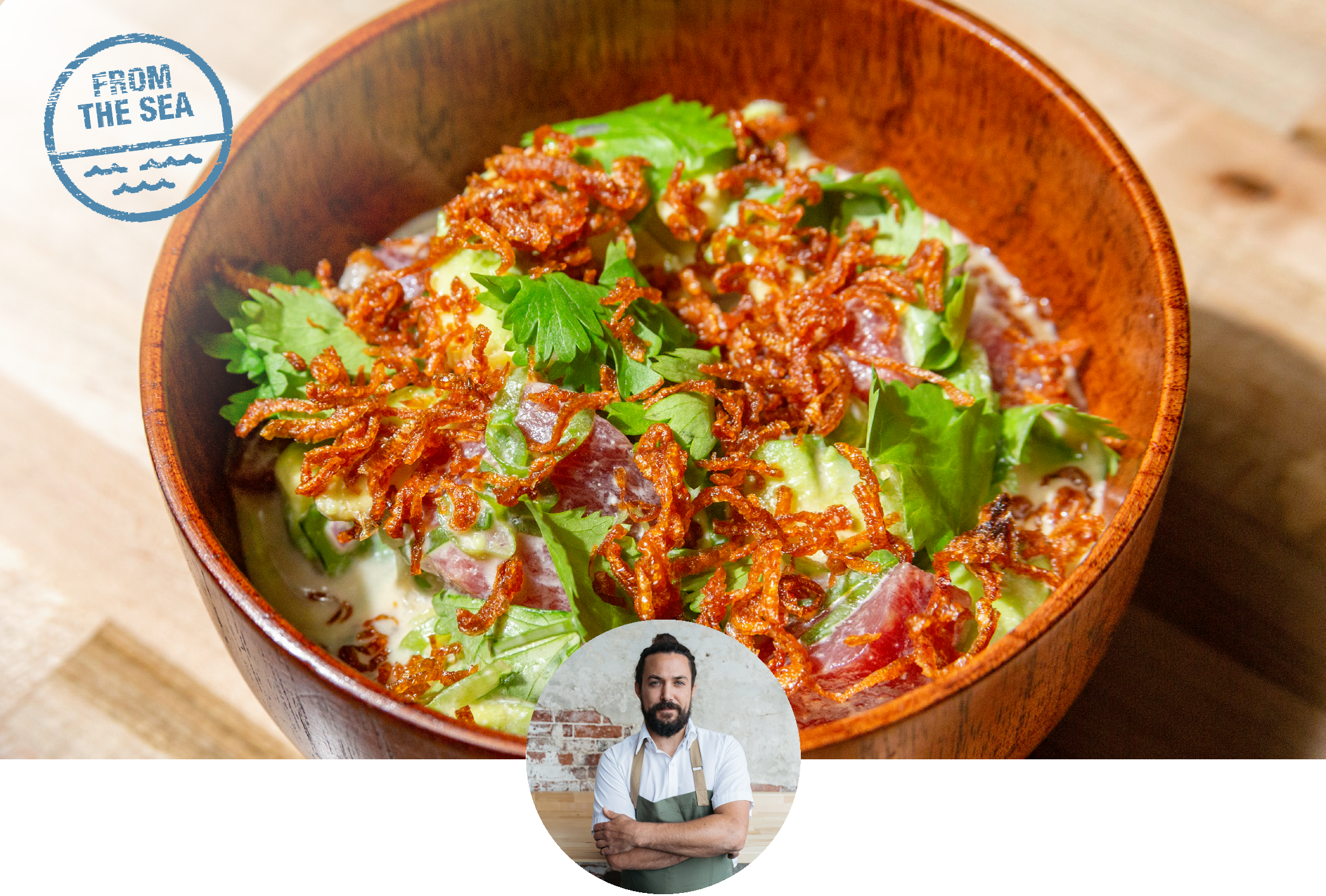 Tuna dish with basil and crunchy onions on top 