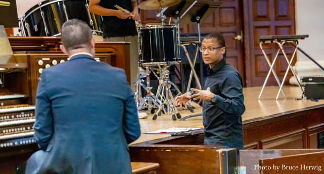 Composer Jonathan Whitney works with musicians at the University of Redlands in California during the development of pieces inspired by the Cooch's Bridge Historic Site. Photo by Bruce Herwig.