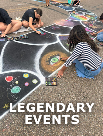 Kids drawing a chalk mural on the ground, with overlay text that reads: Legendary Events
