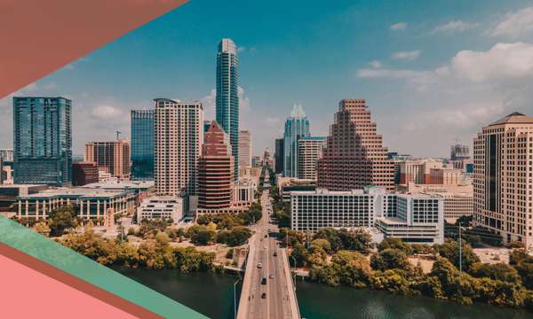 A view of the Austin, Texas, skyline from above the Congress Avenue Bridge and Lady Bird Lake