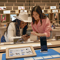 Two women examine a cellphone at a kiosk inside the Google Store