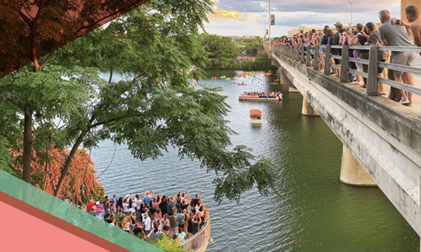 A crowd watches bats fly out from underneath the Congress Avenue Bridge at dusk