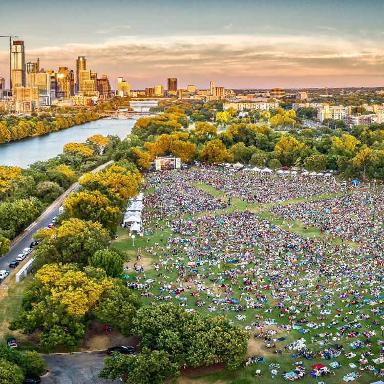 Aerial view of a crowd at the ACL music festival in Zilker Park 