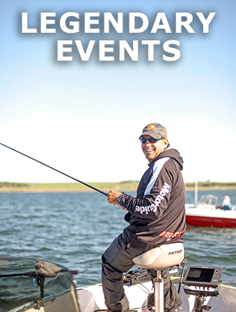 Smiling man sitting on a boat while fishing, with overlay text that reads: Legendary Events