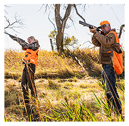 Two people standing in a field aiming hunting guns into the sky