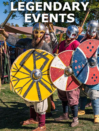 Three people dressed in helmets with shields at an outdoor event, with overlay text that reads: Legendary Events