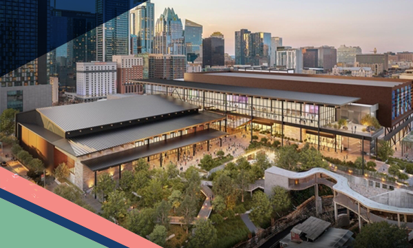 A rendering of the new Austin Convention Center with the city skyline in the background