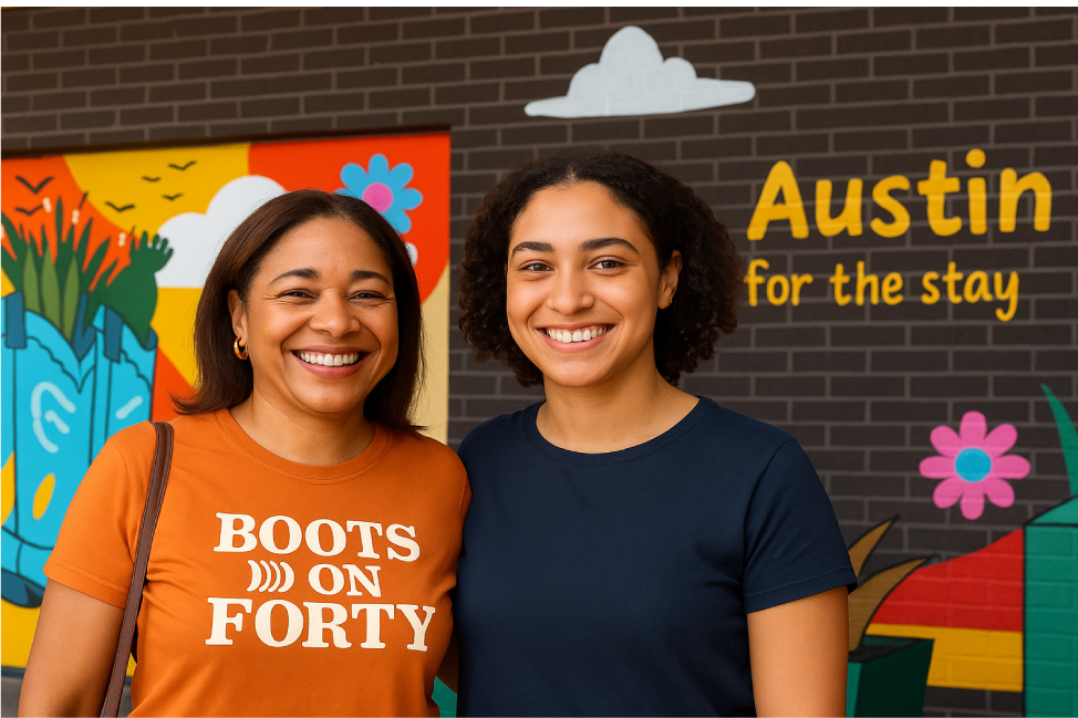 Two women stand in front of a colorful brick wall at Hampton Inn East in Austin