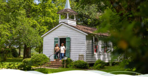 A couple exits the Rural Life Museum in Baton Rouge.