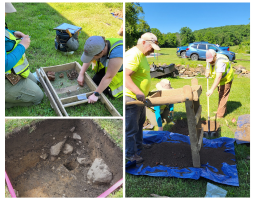 A collage of images show archaeological work underway at Cooch's Bridge Historic Site.
