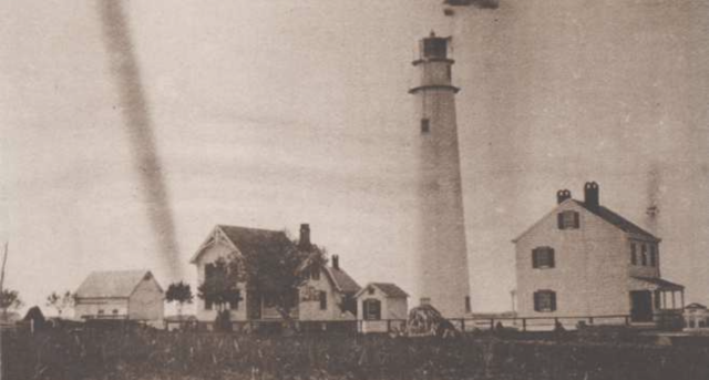 A sepia-toned image shows a historic view of the Fenwick Island Light House complex, including two light keeper's houses.	