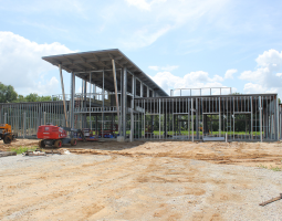 Construction is underway on a new visitor's center at John Dickinson Plantation and here the metal frame of the building can be seen.	