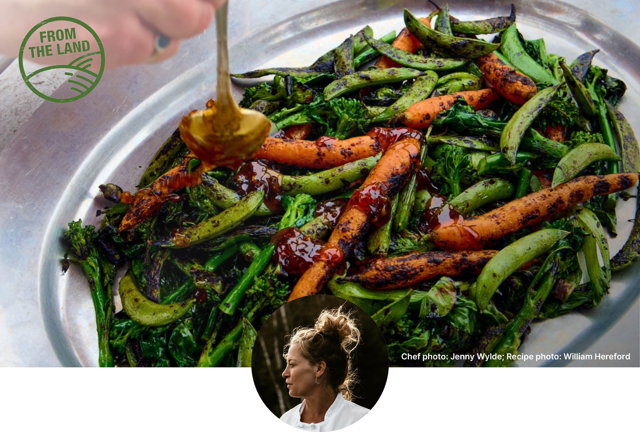 Wood fired carrots and greens on a plate while the chef pours on a glaze. 