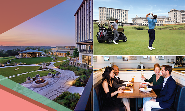 A collage of images show an exterior view of Austin's Omni Barton Creek Resort & Spa at dusk, golfers on the resort course and two couples dining at an on-site restaurant 