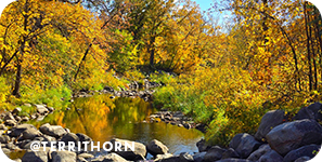A creek surrounded by rocks and trees with bright-orange leaves, with overlay text that reads: @territhorn