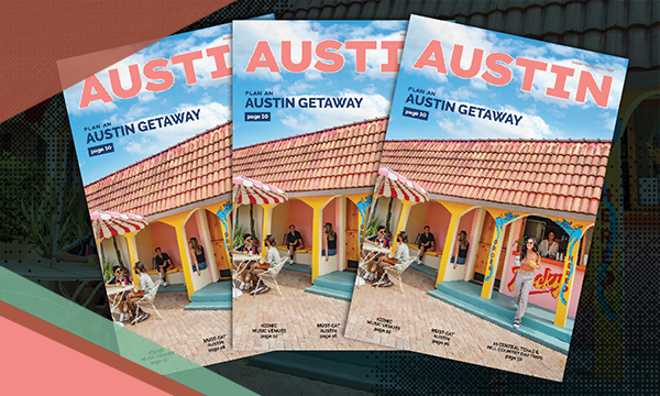 The cover of the new 2025/2026 Austin Visitor Guide featuring the exterior of Rocky's Bar