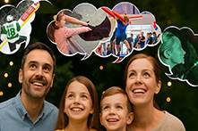 A man, girl, boy and woman with thought bubbles above their heads containing images of attractions in Austin, Texas