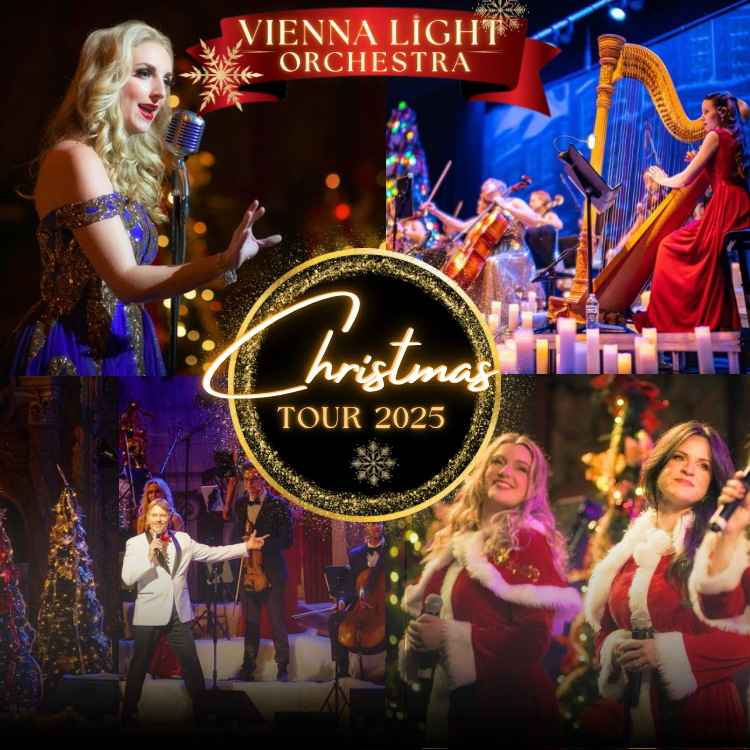 Collage of four images of musicians and singers to promote the Vienna Light Orchestra Christmas Tour 2025