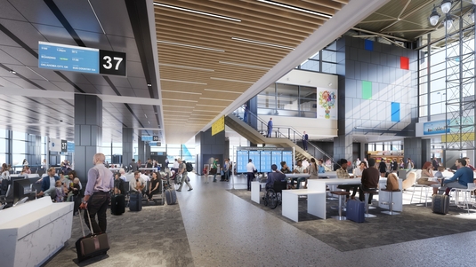 Rendering of a new multilevel terminal gate area at Austin-Bergstrom International Airport