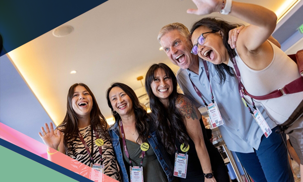 Five enthusiastic attendees pose during the July CEMA Summit 2025 in Austin, Texas