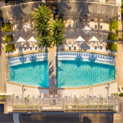 Overhead view of the swimming pool at Fairmont Austin surrounded by trees, lounge chairs and umbrellas