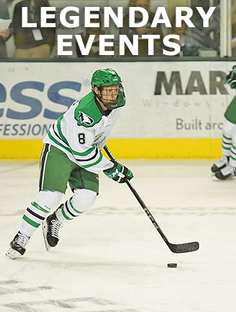 Man wearing green and white uniform playing hockey on an indoor rink, with overlay text that reads: Legendary Events