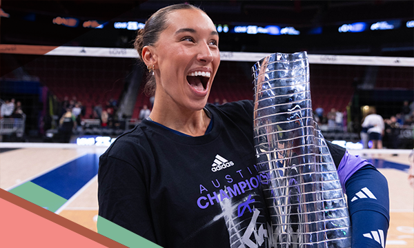 LOVB Austin star player Madisen Skinner holds a trophy and celebrates a League One Volleyball championship win