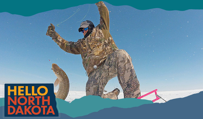 Man pulling a fish out of a hole in ice, with overlay text that reads: Hello North Dakota