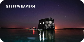 Nighttime scene of a structure on a frozen body of water, with overlay text that reads @jeffweaver4