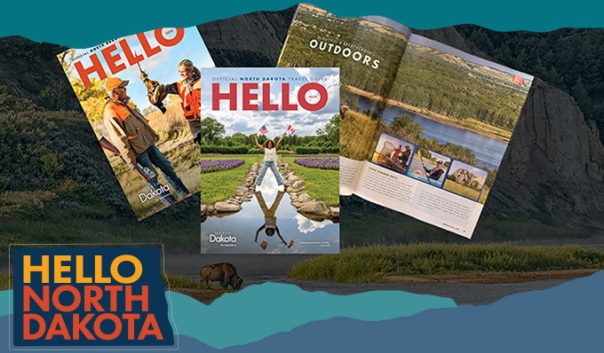 Collage of three travel guides over a backdrop of mountains and a bison, with overlay text that reads: Hello North Dakota