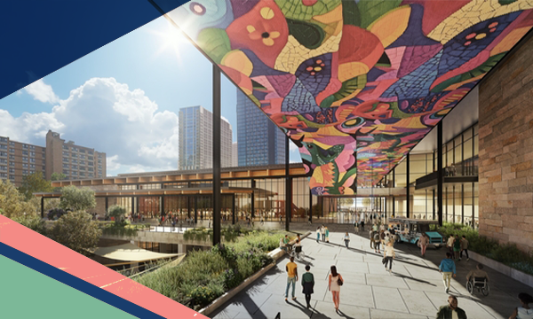 Rendering of walkways and exterior of the Austin Convention Center redevelopment project